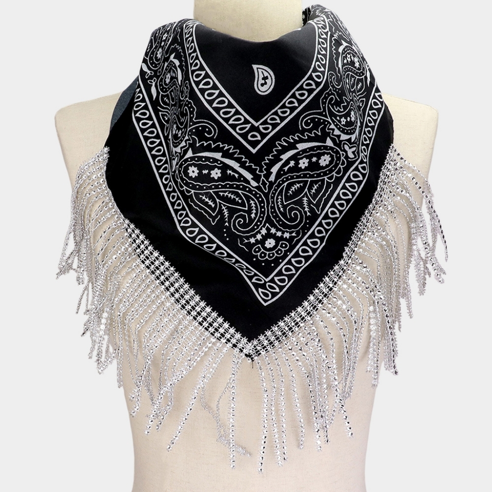Black Rhinestone Fringe Bandana Neckerchief Sparkly Trim Western Cowgirl Scarf